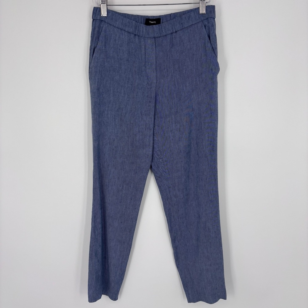 Theory Treeca Pull On Denim Crunch Linen Tapered Pants Womens 0 Blue Chambray